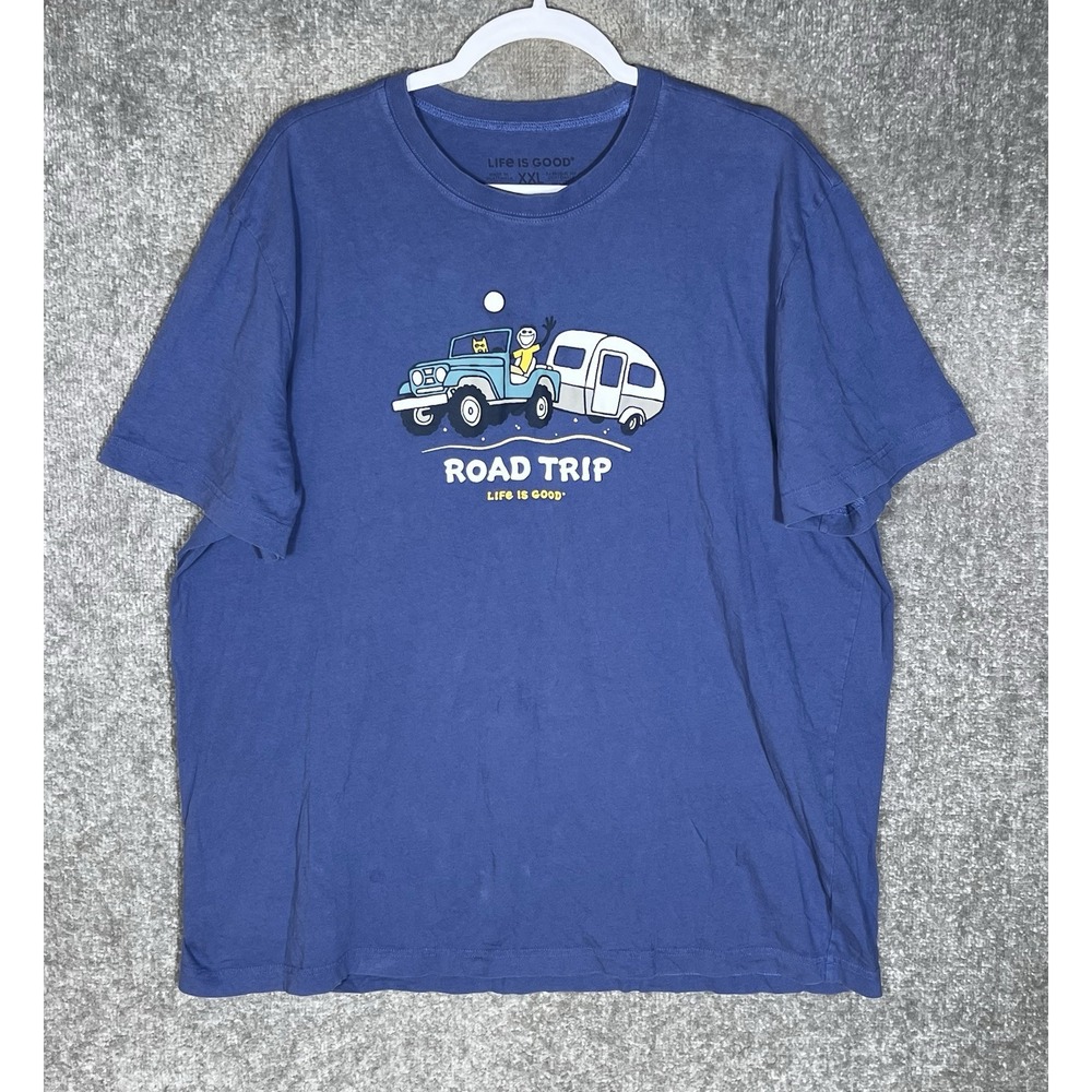 Life Is Good ROAD TRIP T-Shirt Mens Sz XXL Blue Cotton Camper Jeep Dog Camping